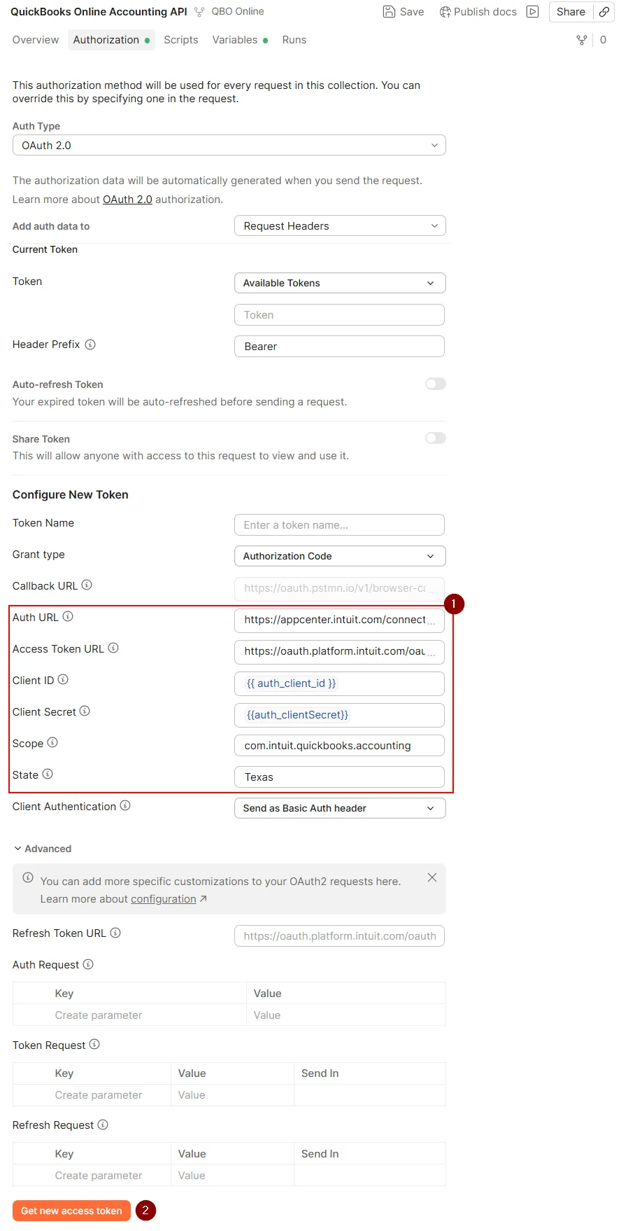 The Authorization tab with Auth URL, Access Token URL, Scope, and State all filled in, Client ID and Secret shown as secured vault variables