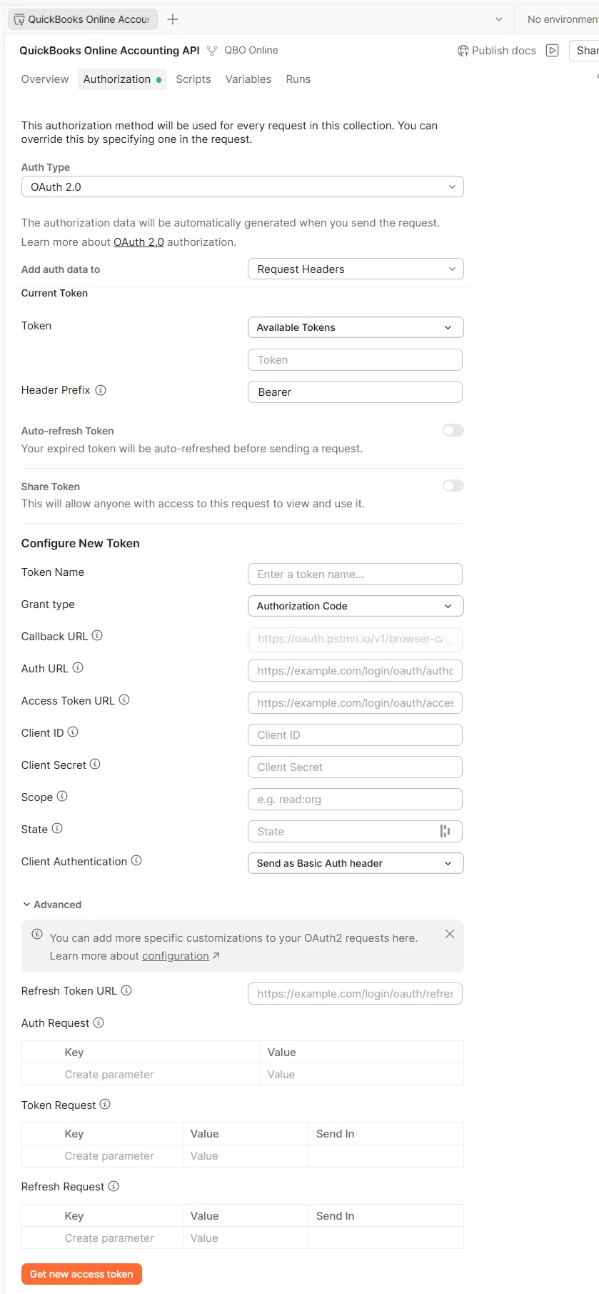 The collection's Authorization tab, OAuth 2.0 type, with the Configure New Token section showing Client ID and Client Secret fields