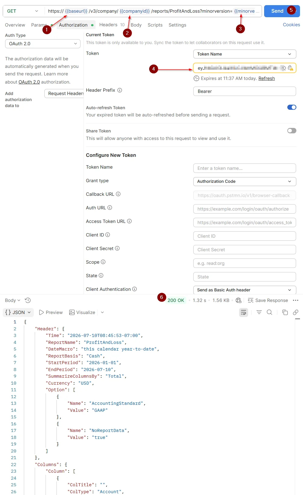 A successful 200 OK response in Postman showing the sandbox company's Profit and Loss JSON report