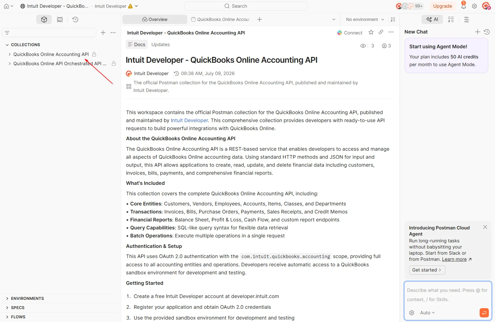 The Intuit Developer public Postman workspace overview page for the QuickBooks Online Accounting API