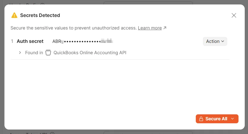 Postman's Secrets Detected dialog after pasting the Client ID, offering to secure it