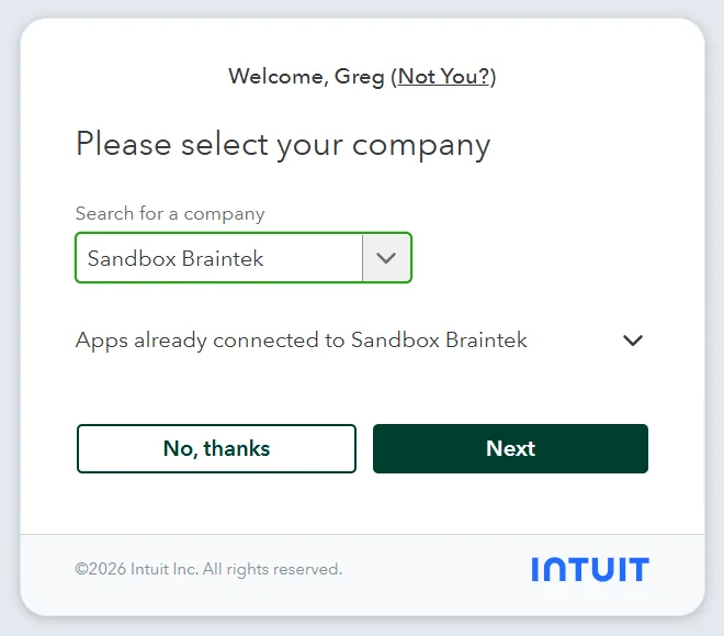 The QuickBooks "Please select your company" screen with the sandbox company chosen
