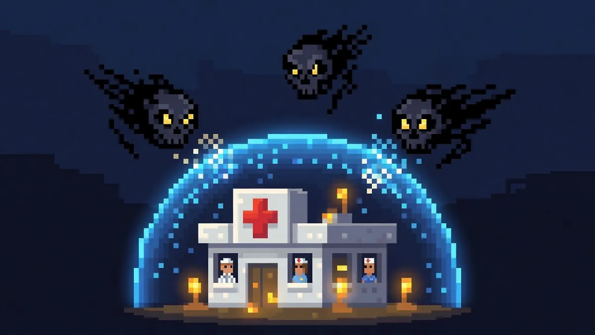8-bit pixel art of a clinic protected by a glowing shield dome deflecting skull-shaped invaders