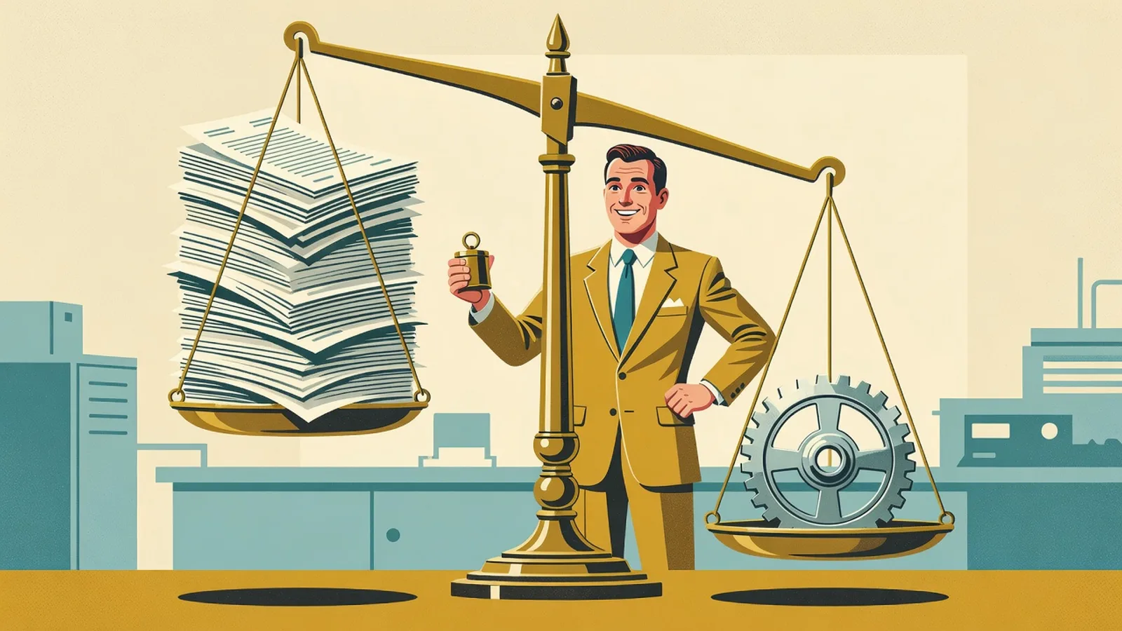 Mid-century advertising illustration of a man weighing a stack of subscription invoices against a single gear on a balance scale