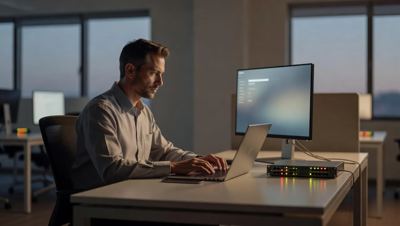 An IT technician calmly works at a desk with multiple monitors during an off-hours system migration