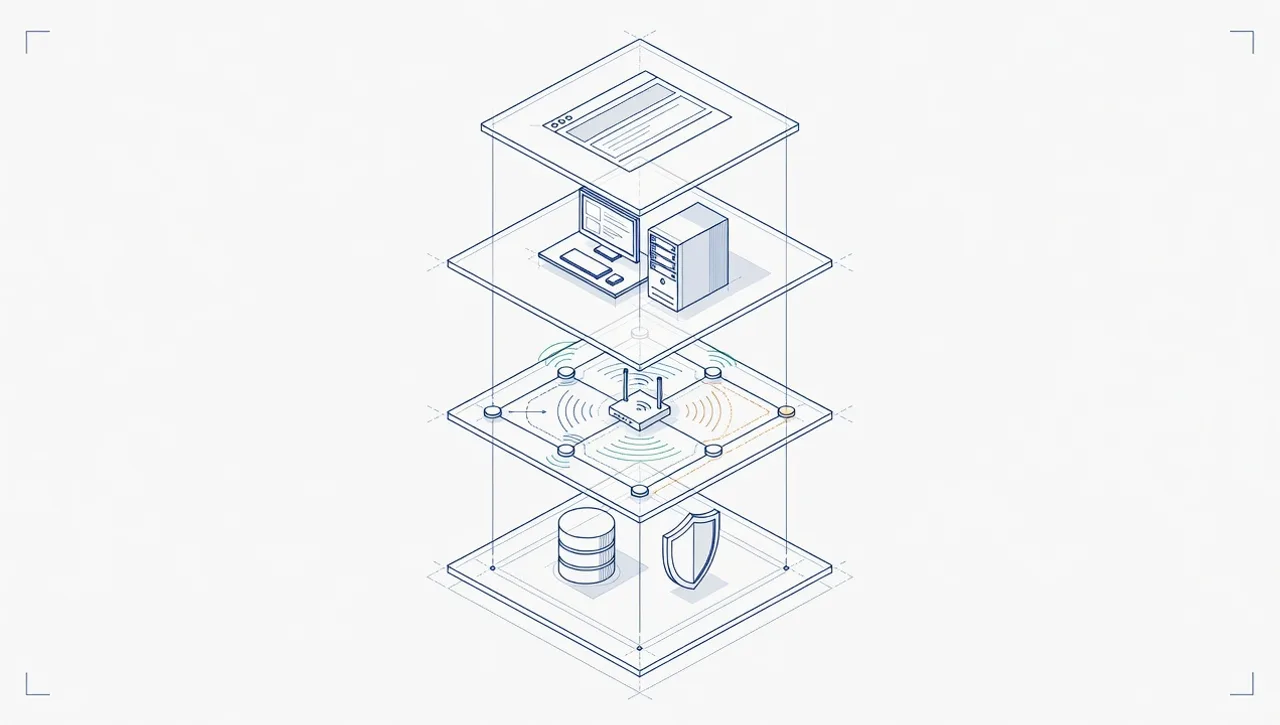Blueprint style line art of an exploded isometric stack showing an application above workstation, network, and backup layers
