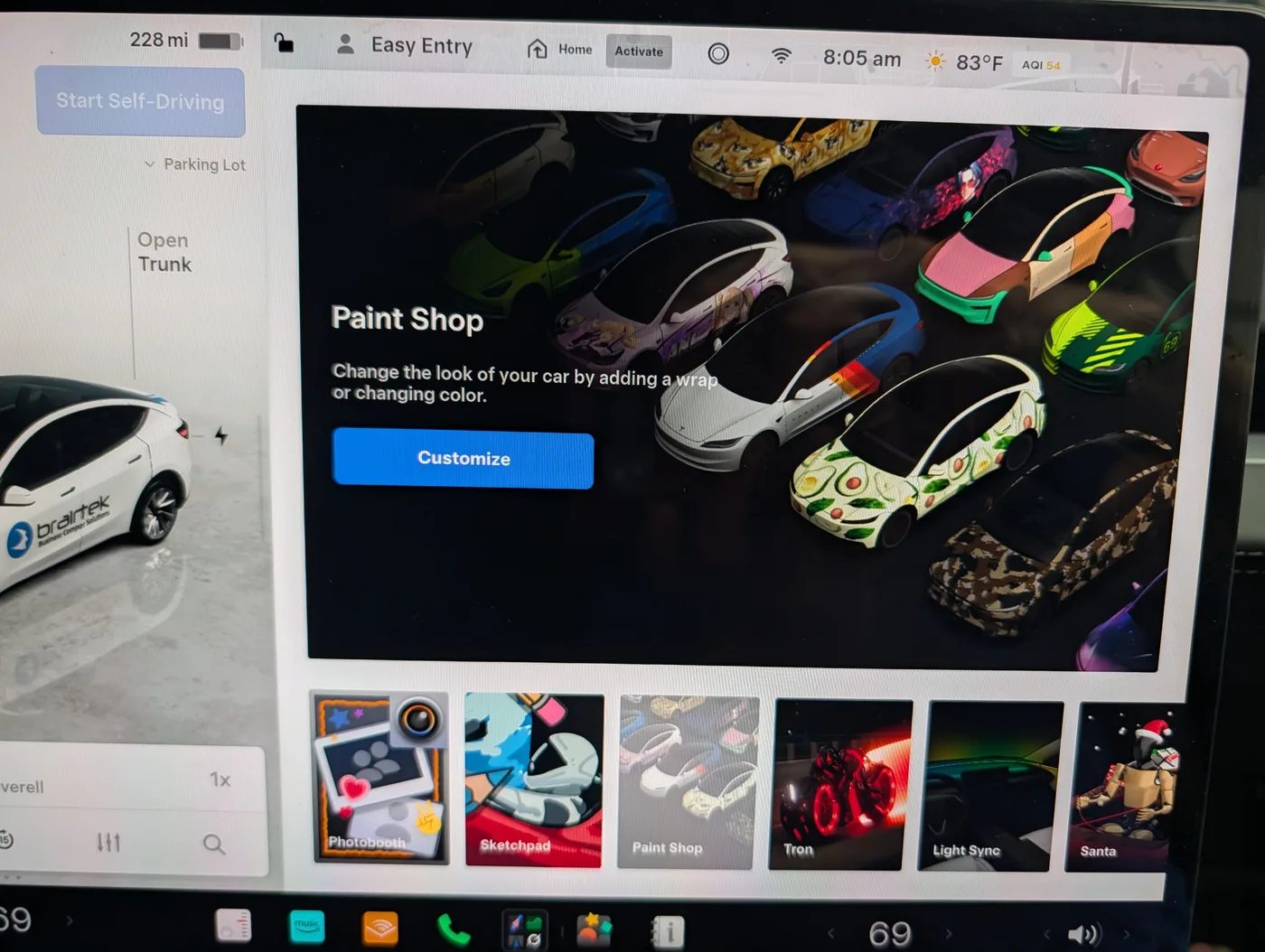 Tesla Paint Shop screen with the Customize button