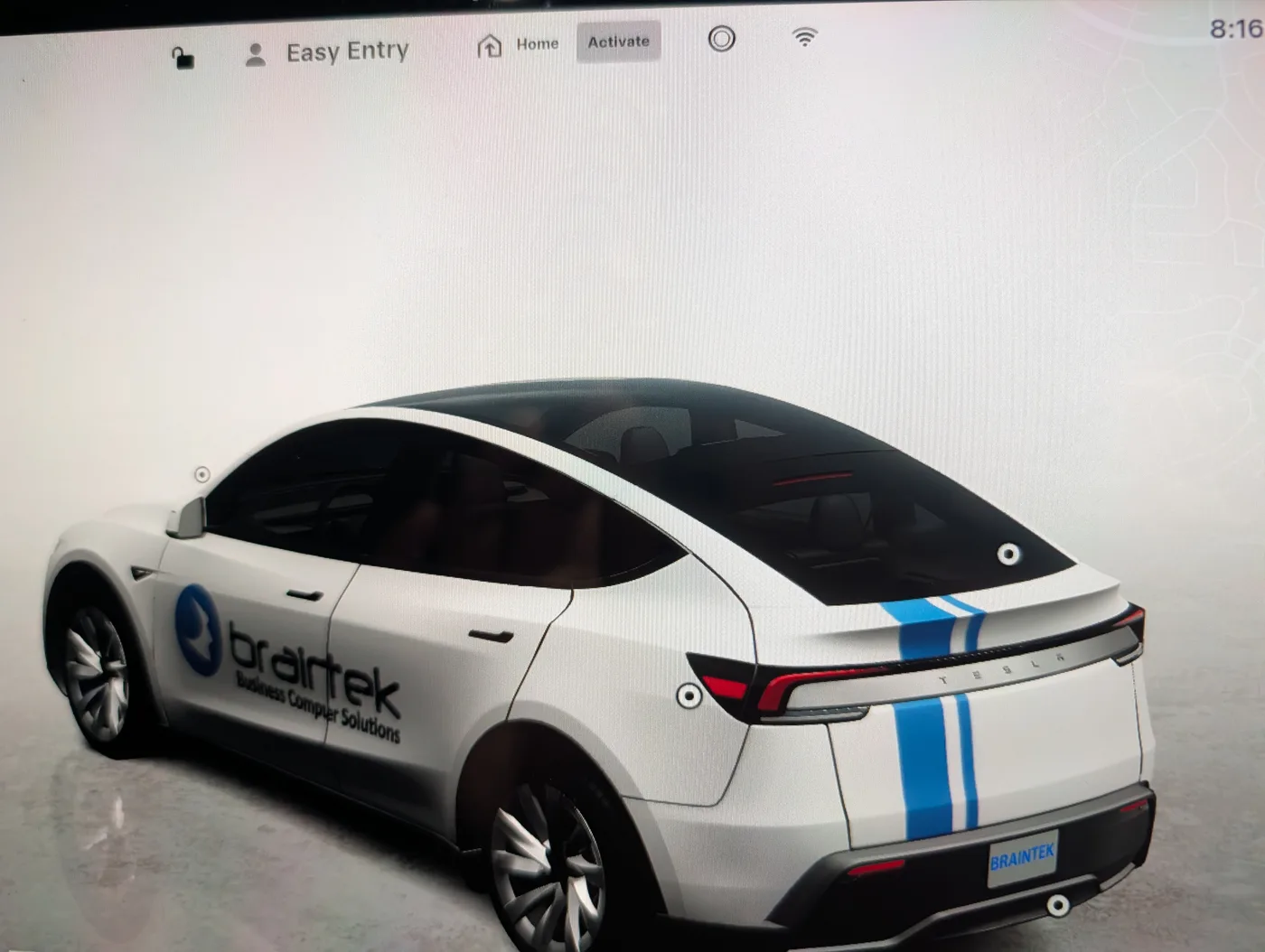 Rear view of the Braintek-wrapped Model Y avatar on the Tesla screen