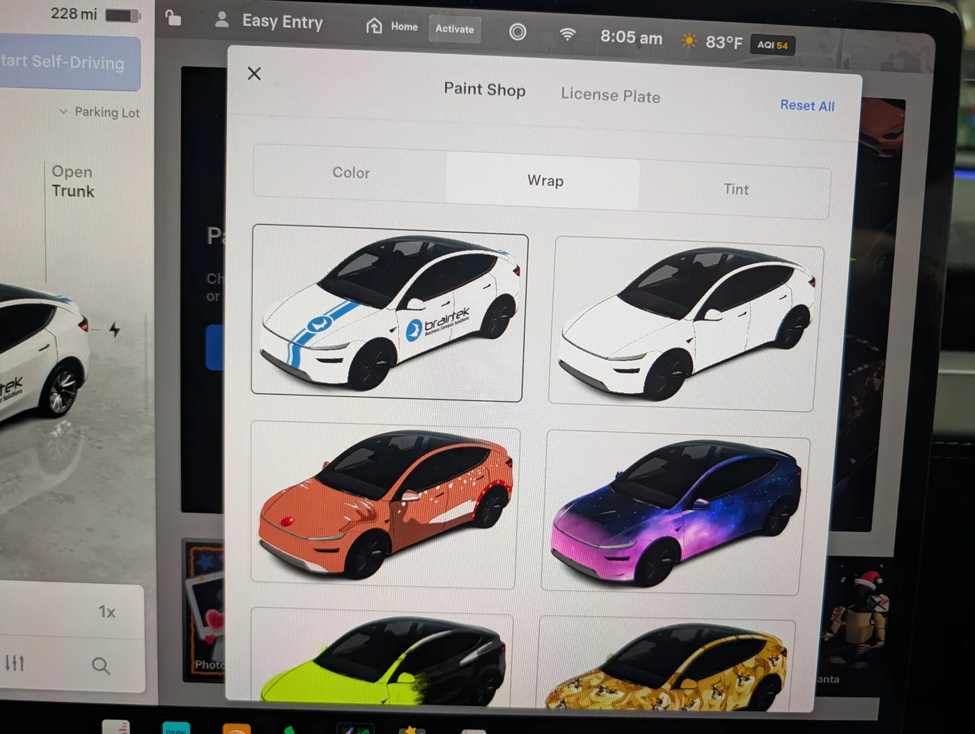 Tesla Paint Shop wrap picker showing the Braintek custom wrap next to the built-in wraps