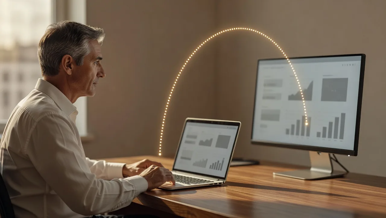 A business owner at a desk watches an arc of glowing dots travel from a laptop screen to a monitor, illustrating two systems passing data