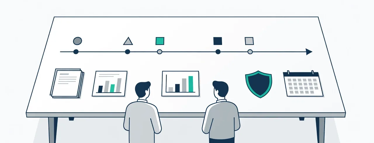 Flat illustration of a technology roadmap laid out across a planning table with budget and risk markers