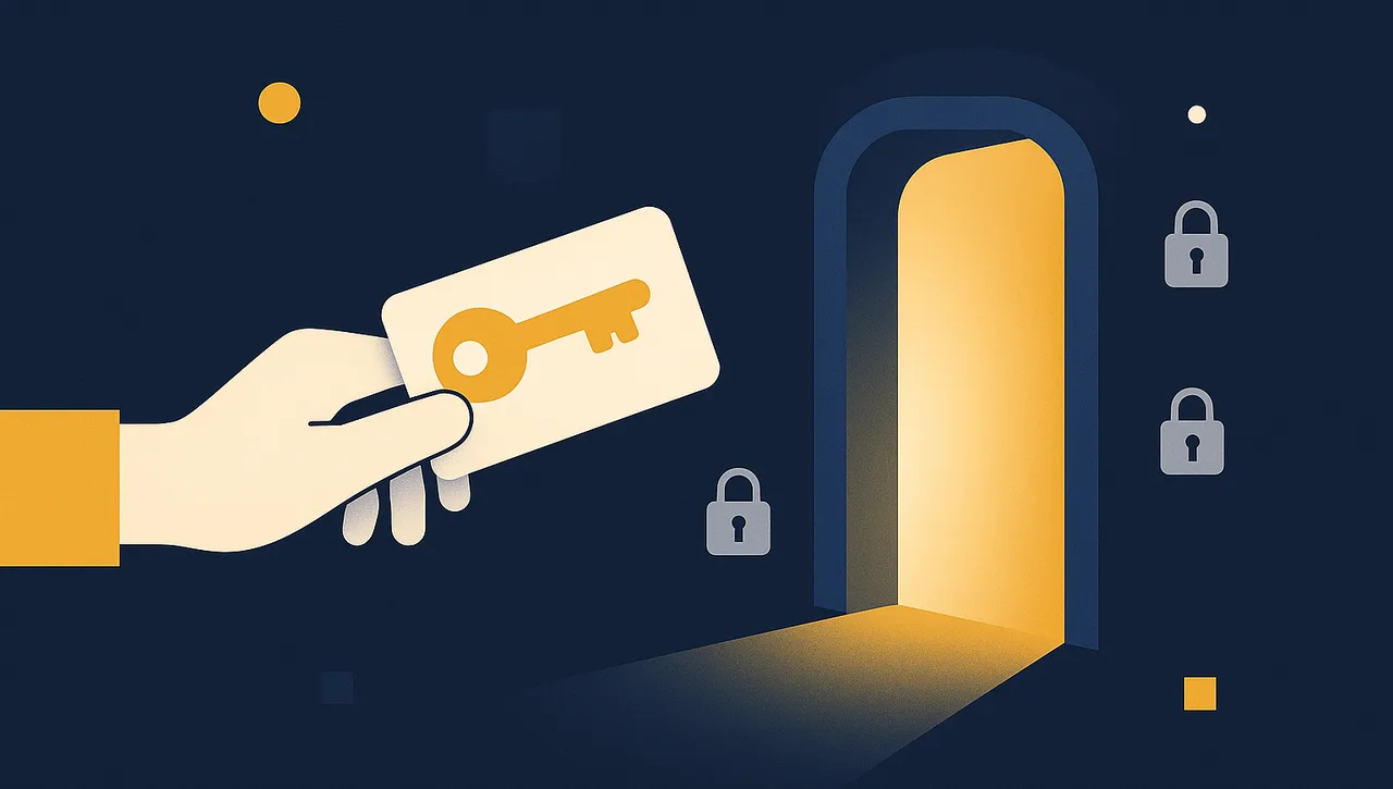 Flat illustration of a key card opening one glowing app doorway while other padlocks stay locked