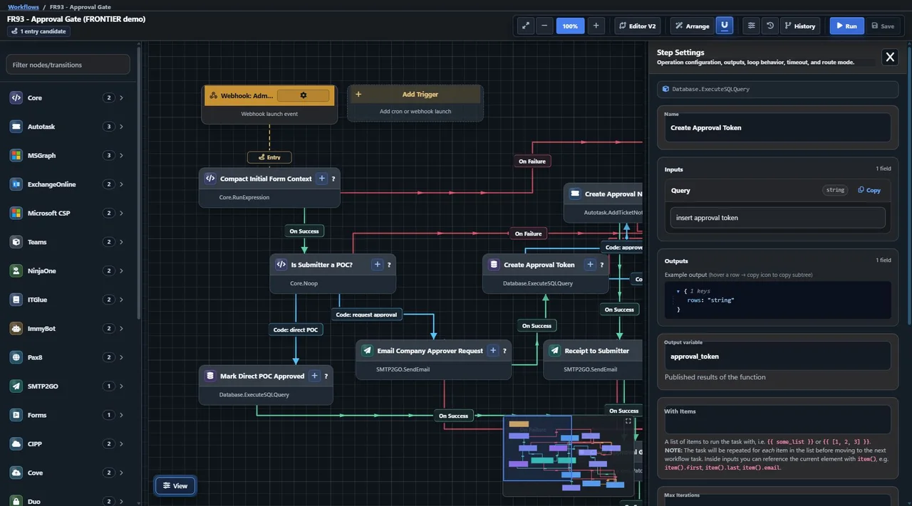 The W!FE visual workflow editor showing an approval workflow with connected steps and a step settings panel