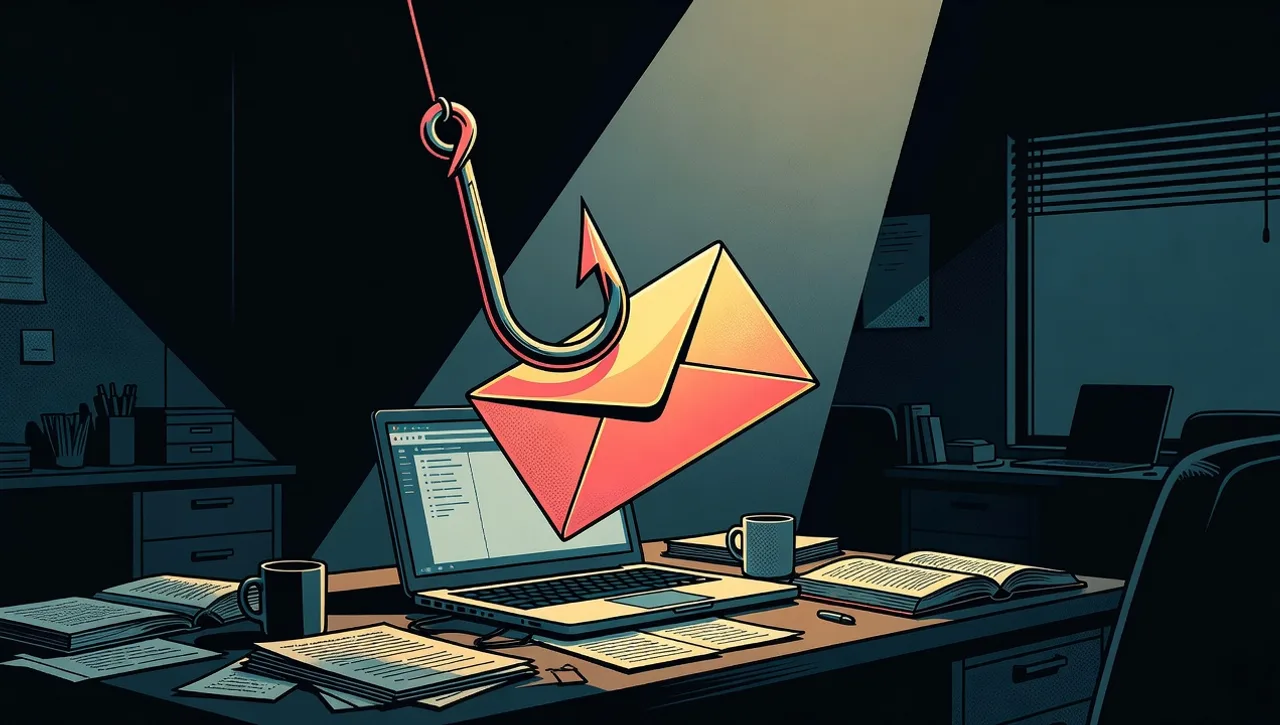 Comic book style illustration of a fishing hook stealing a glowing email envelope from a laptop on an accountant's desk