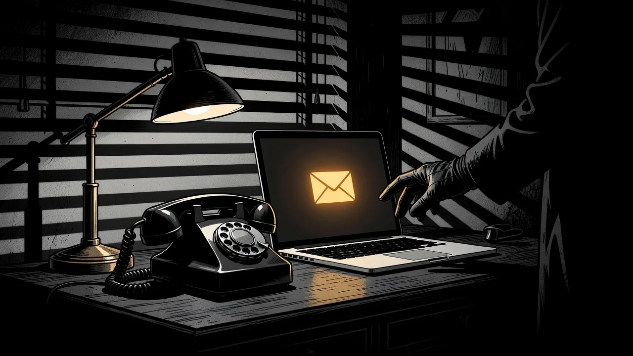 Film noir ink illustration of a law office desk at night with a rotary telephone in lamplight, a laptop showing a glowing email envelope, and a shadowy gloved hand reaching from the dark