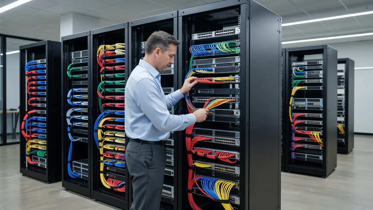 A Braintek technician managing organized network cabling and switches in a server rack