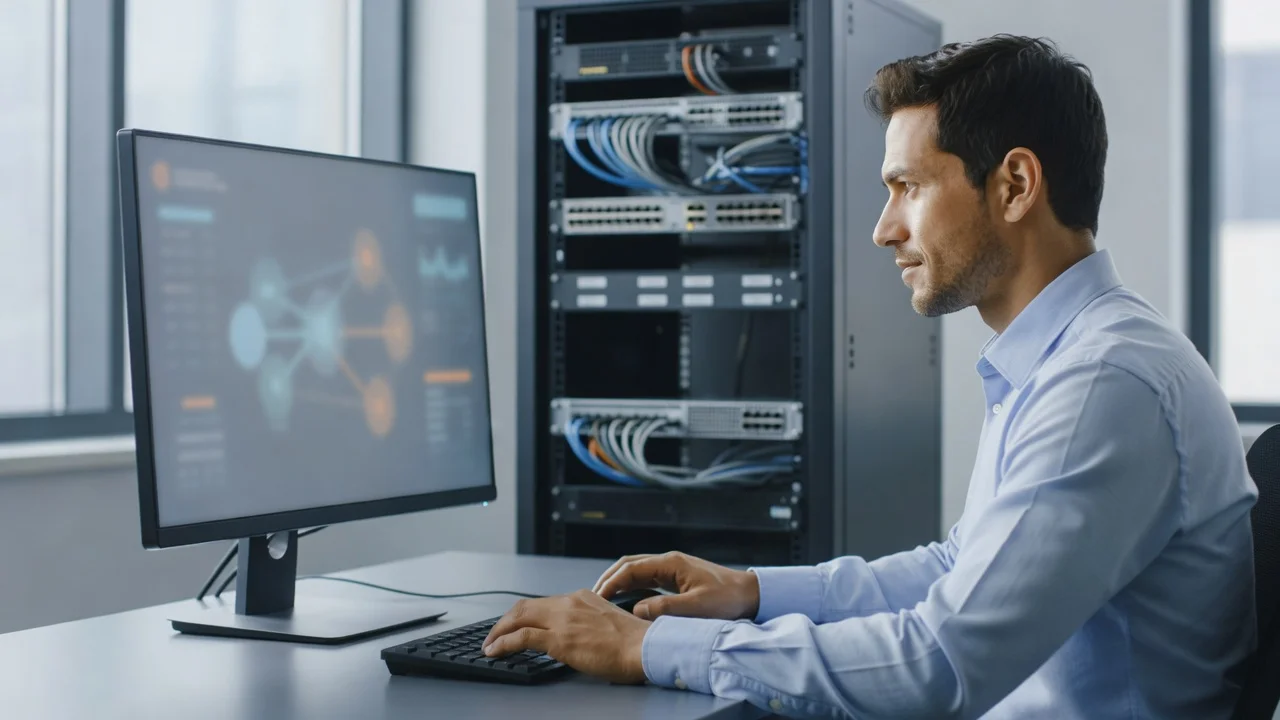 A Braintek technician monitoring a network dashboard next to a server rack