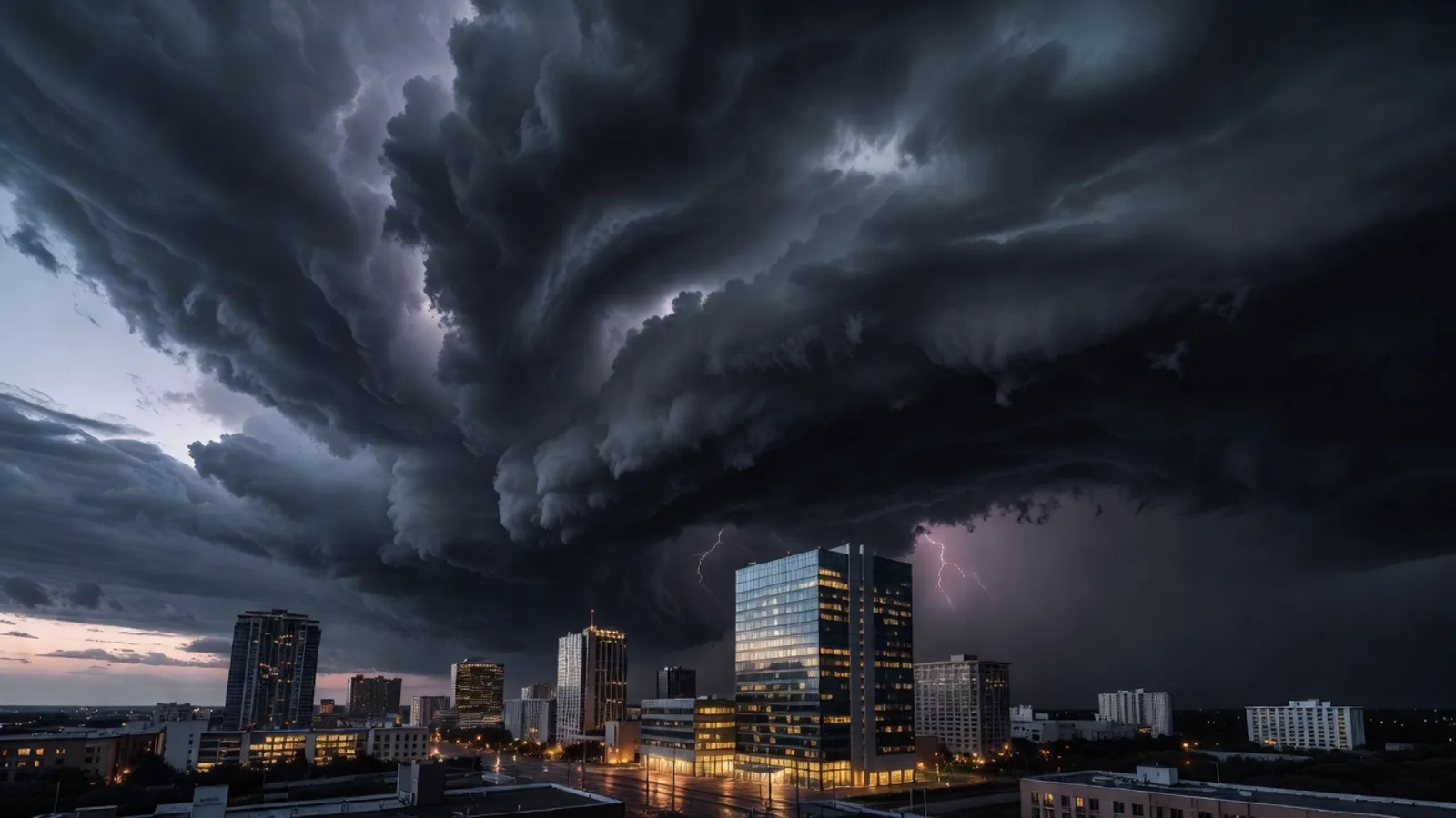 Storm clouds over a Texas city skyline with one office building still lit