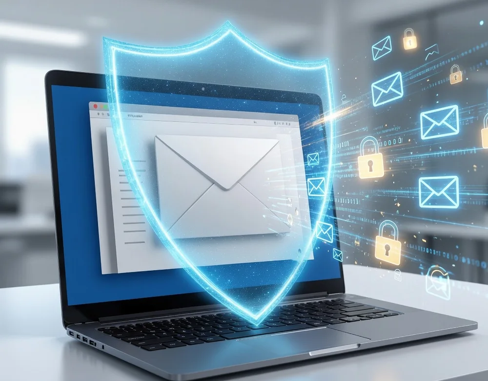 A laptop shielded from incoming spam and email threats by Braintek email protection