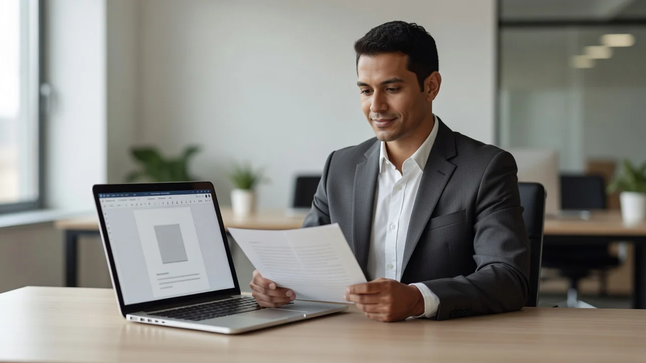 A professional reviewing a faxed document on a laptop in a modern office