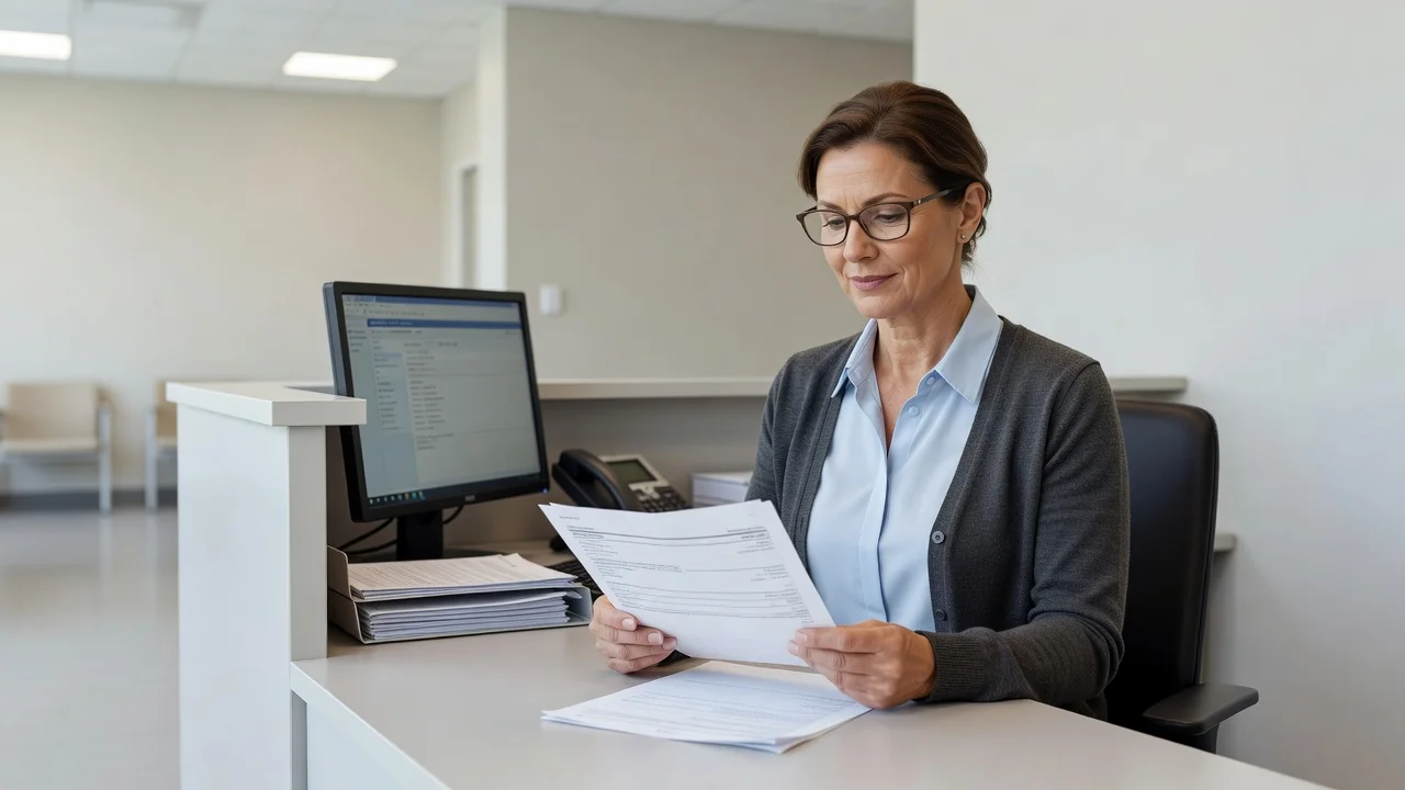 An office administrator reviewing a faxed document at a computer