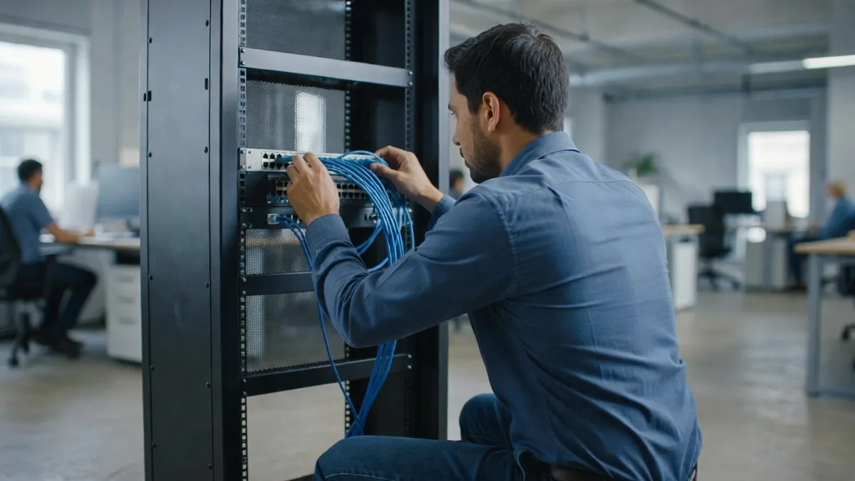 A Braintek technician routing patch cables in a Houston client's network rack