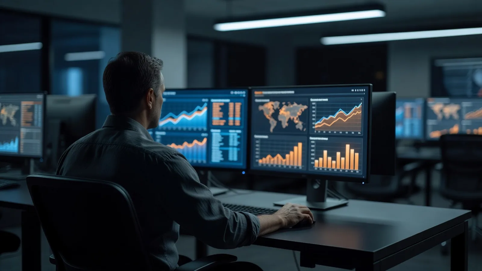A security analyst monitoring endpoint protection dashboards on two screens