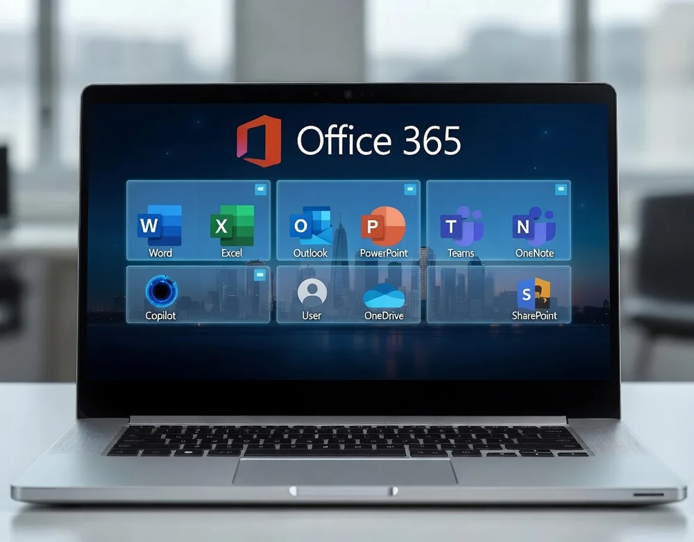 A laptop showing the Microsoft 365 app suite — Word, Excel, Outlook, Teams, and more