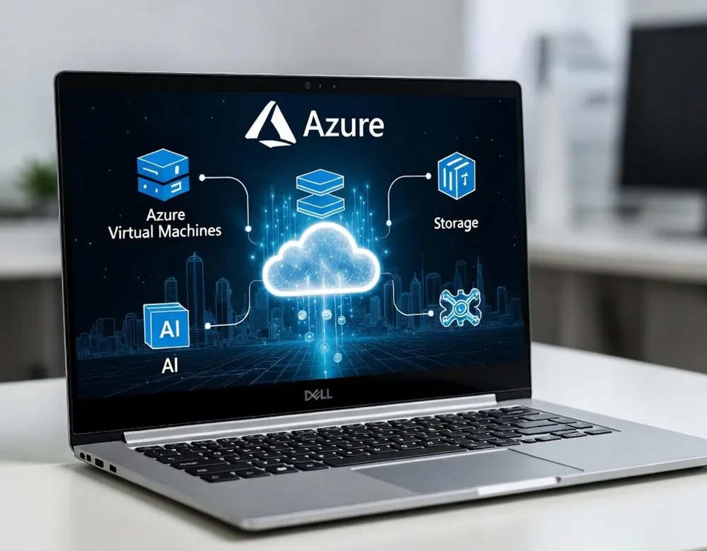 A laptop showing Microsoft Azure cloud services — virtual machines, storage, and AI